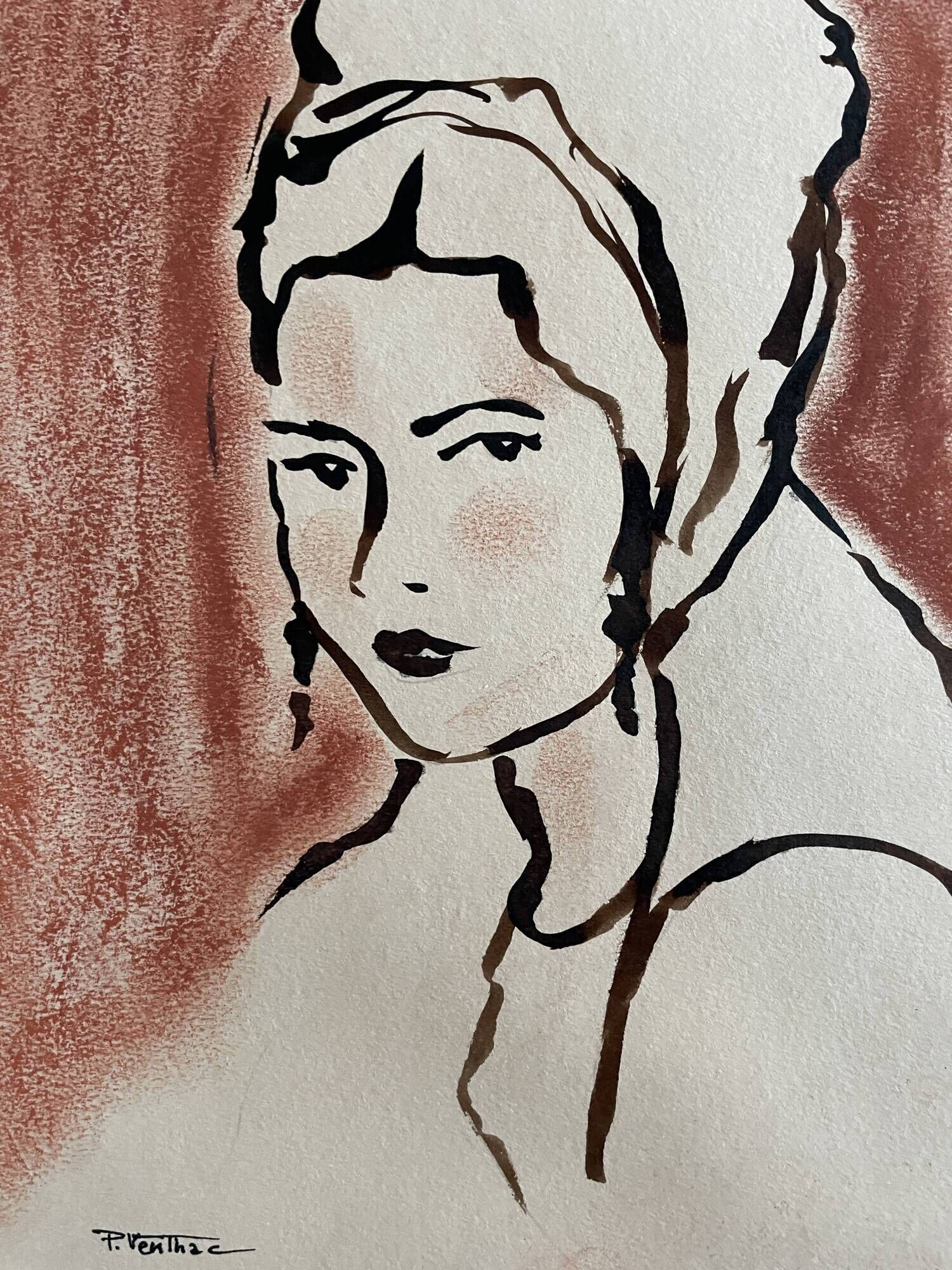 Signed painting pastel and Indian ink female portrait “study with headdress”
