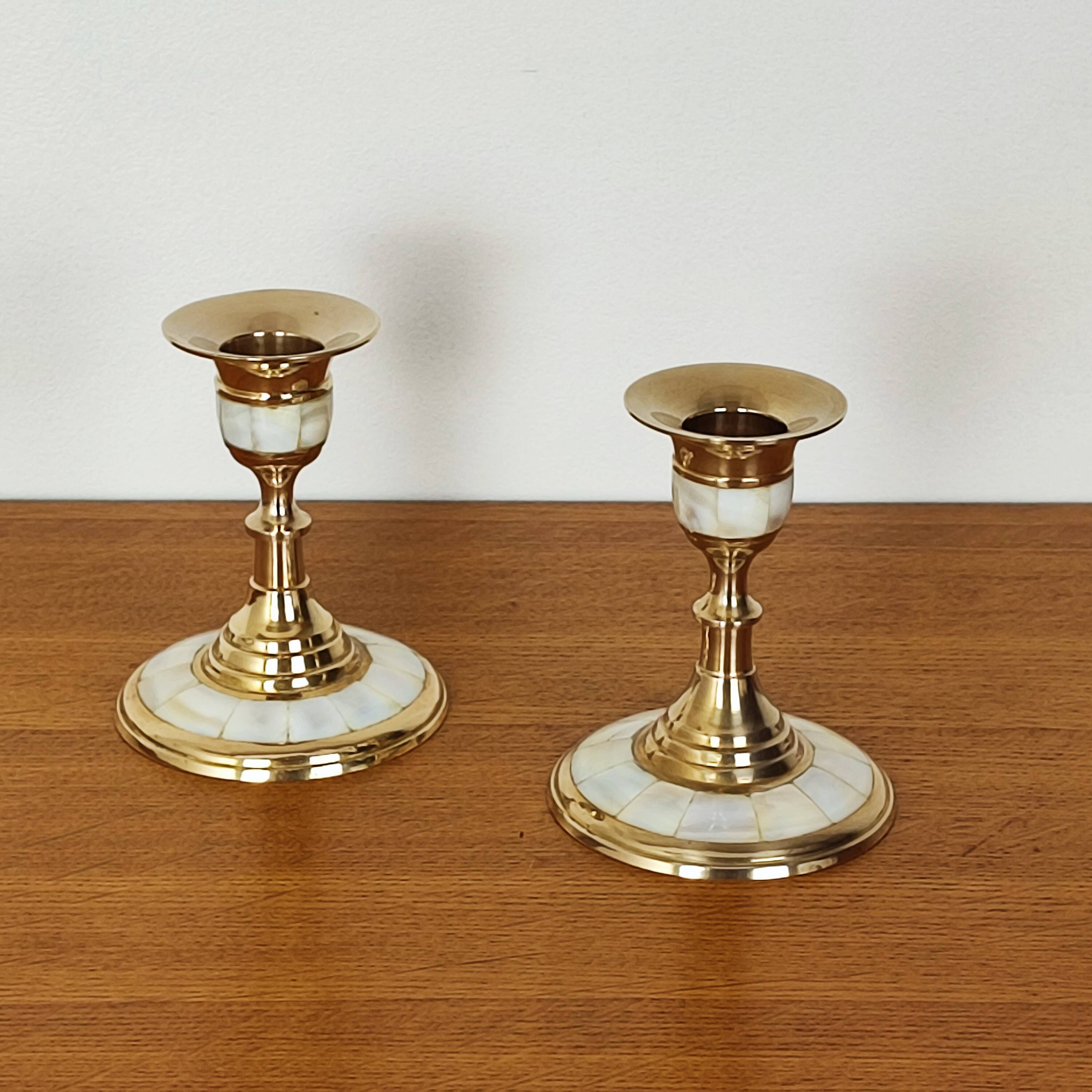 Brass and mother-of-pearl candle holders