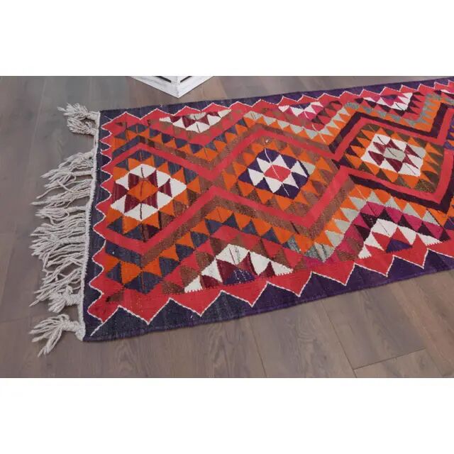 1970s Vintage Turkish Hand-Knotted Wool Cotton Pink Runner Rug 91x340