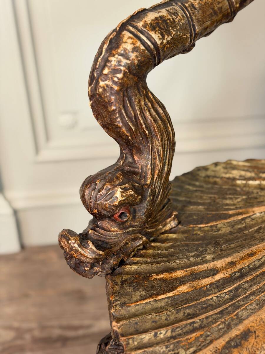 Venetian "Grotto" armchair in carved polychrome wood, silvered and gilded, circa 1890.
