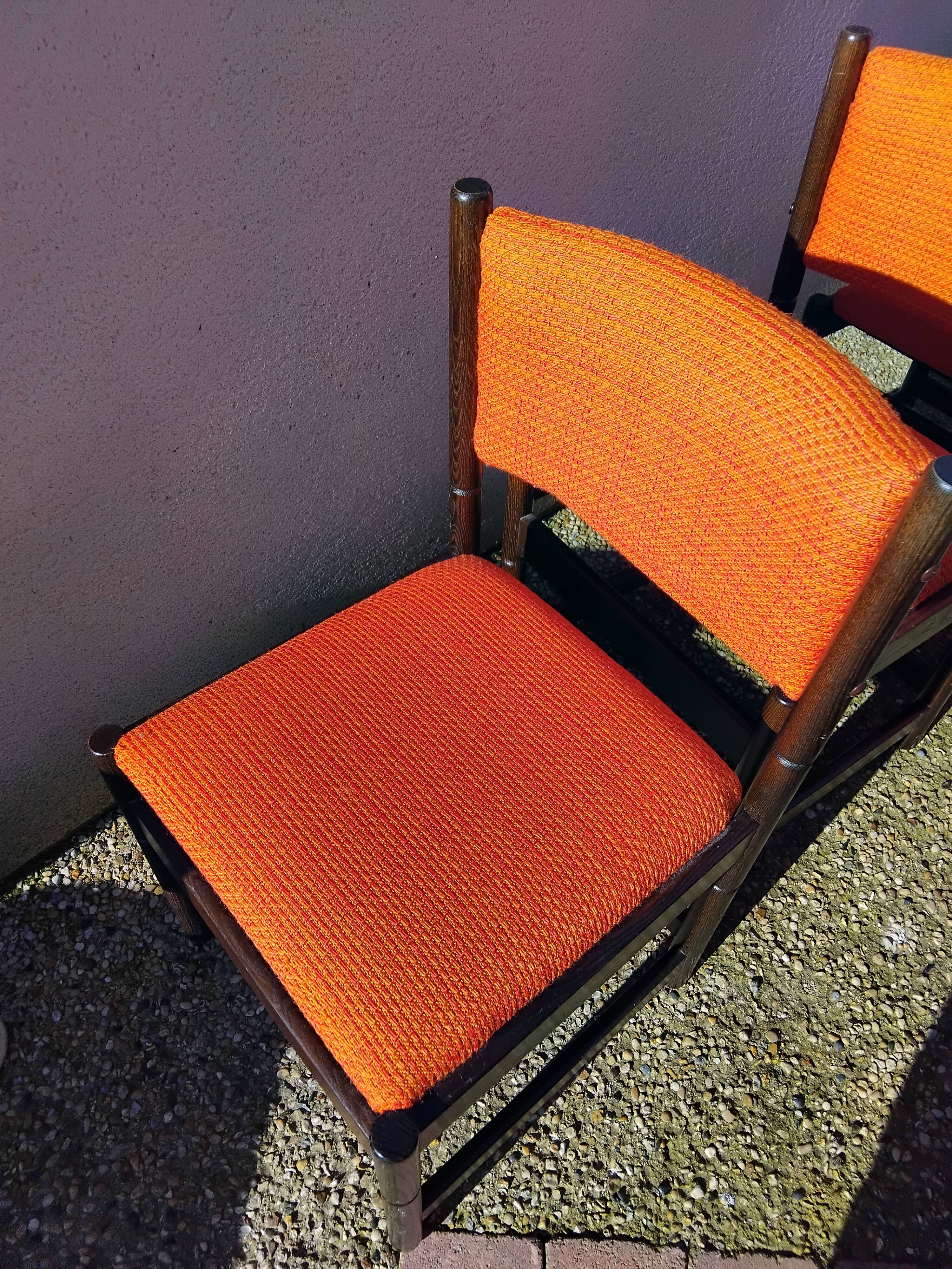 6 vintage wooden and orange fabric chairs