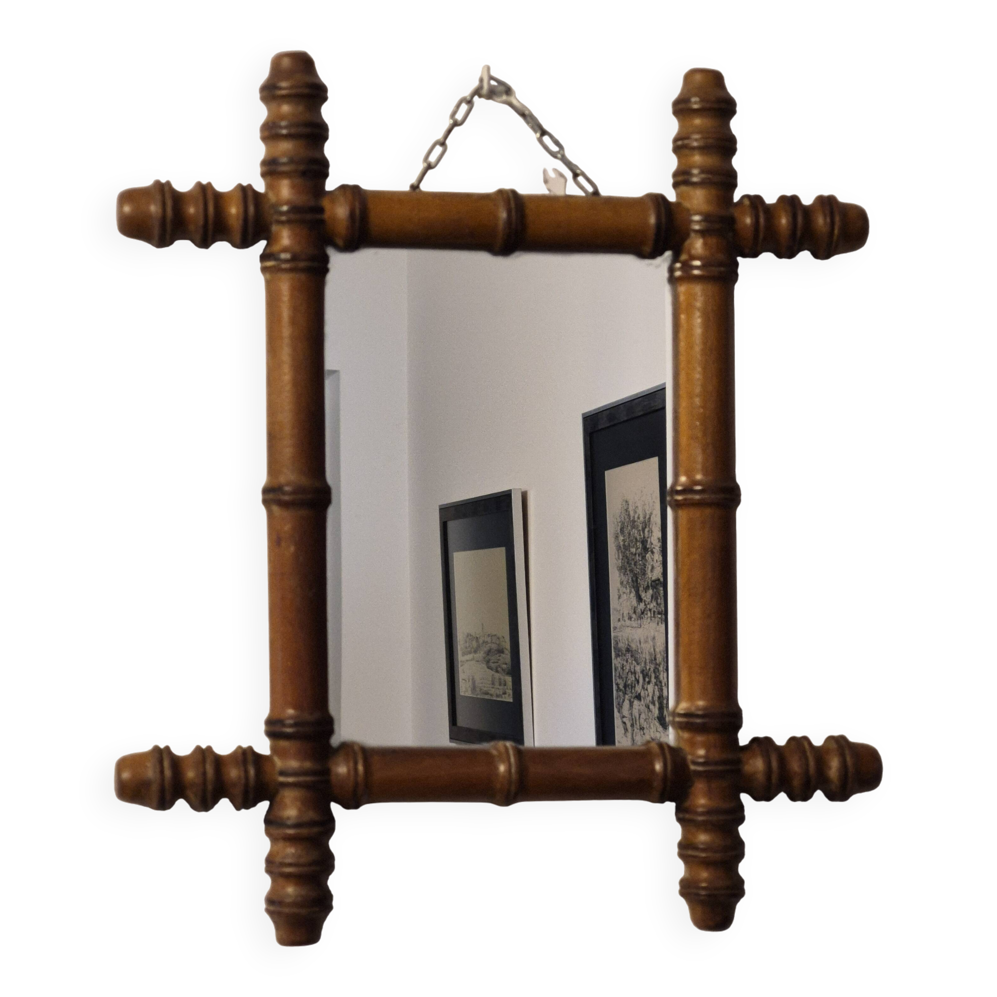 Antique turned wooden mirror in bamboo style, late 19th century A116