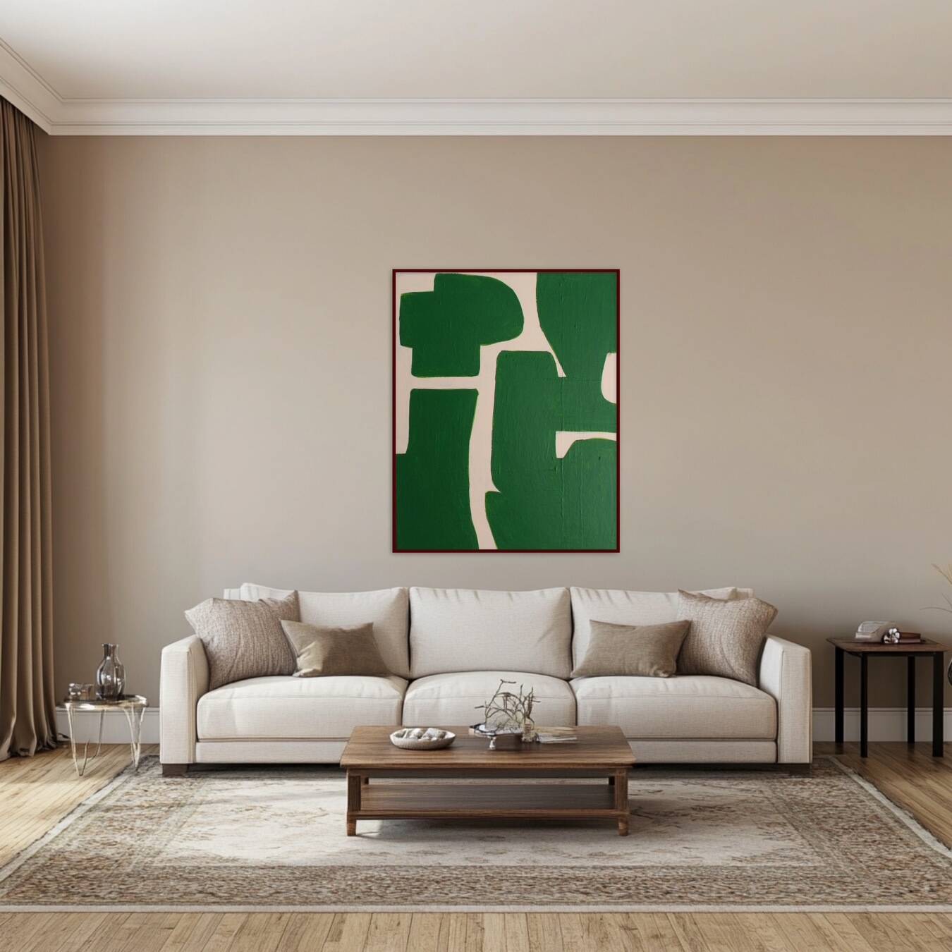 Abstract green art on a beige background.