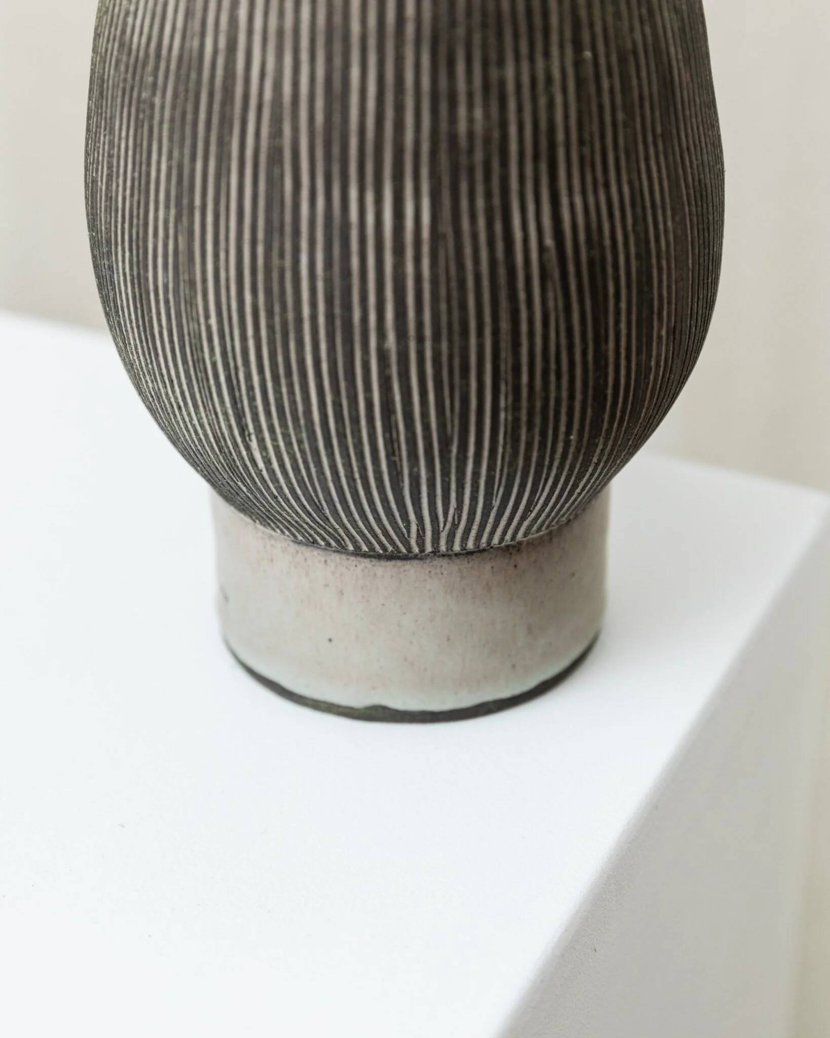Gray and beige ceramic vase, vintage 1970s Danish studio pottery with incised texture