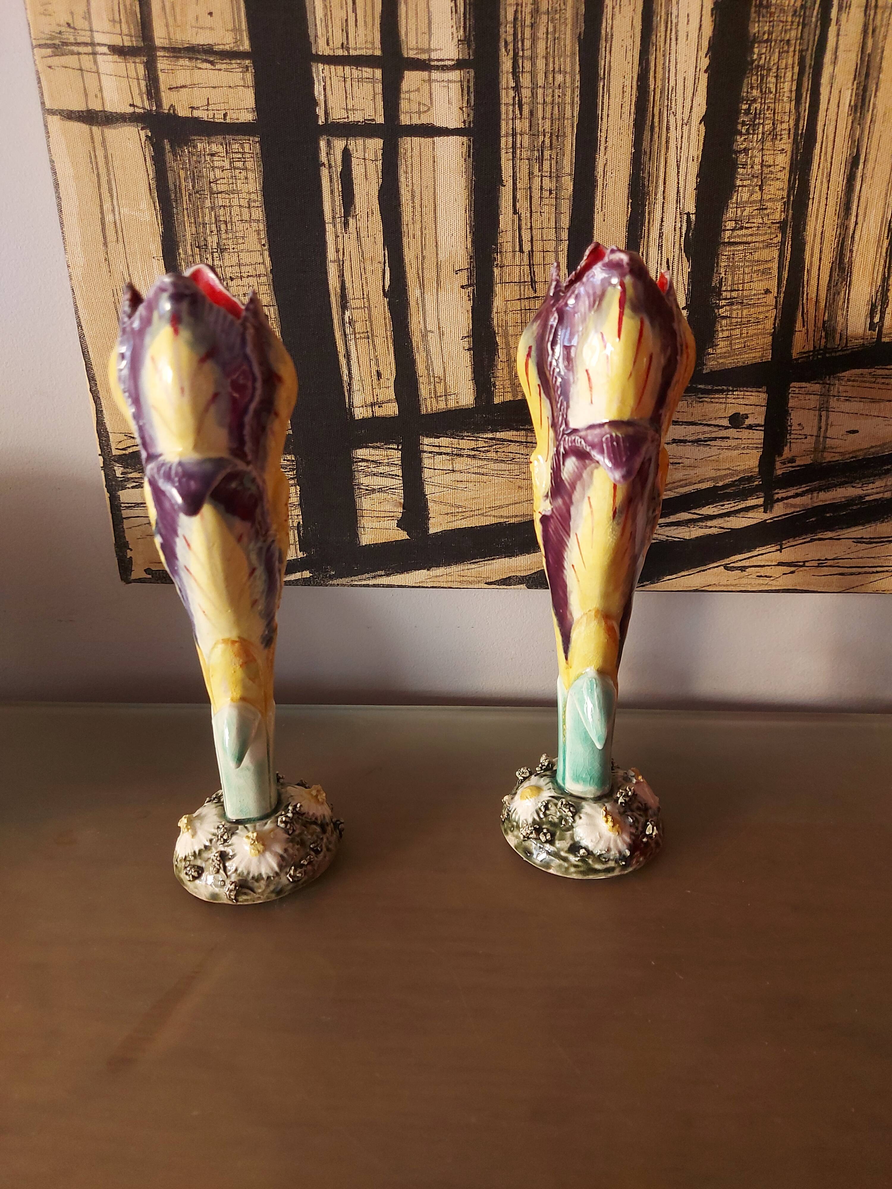 Pair of art nouveau slip vases, soliflore, iris
