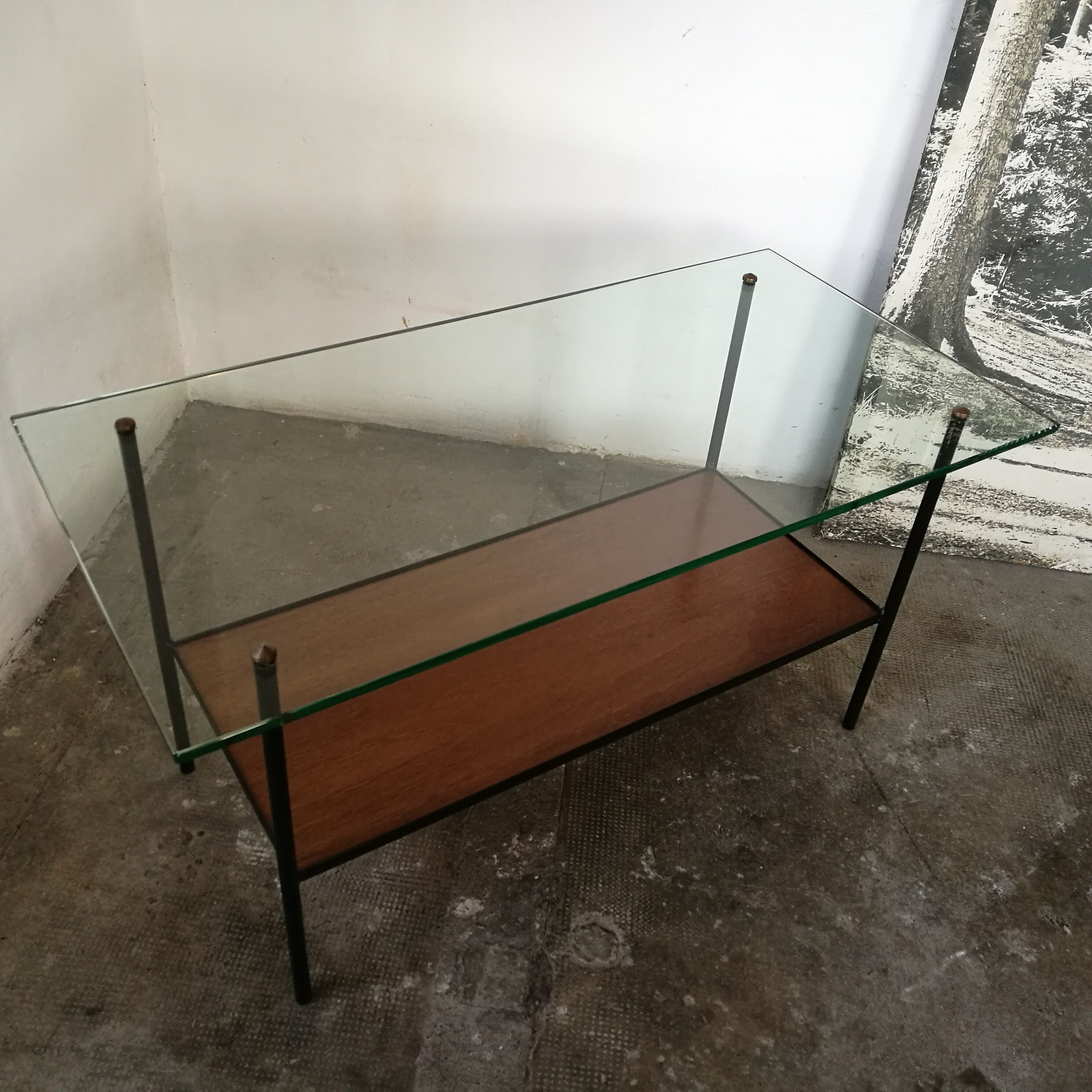 50s coffee table in wood and metal glass