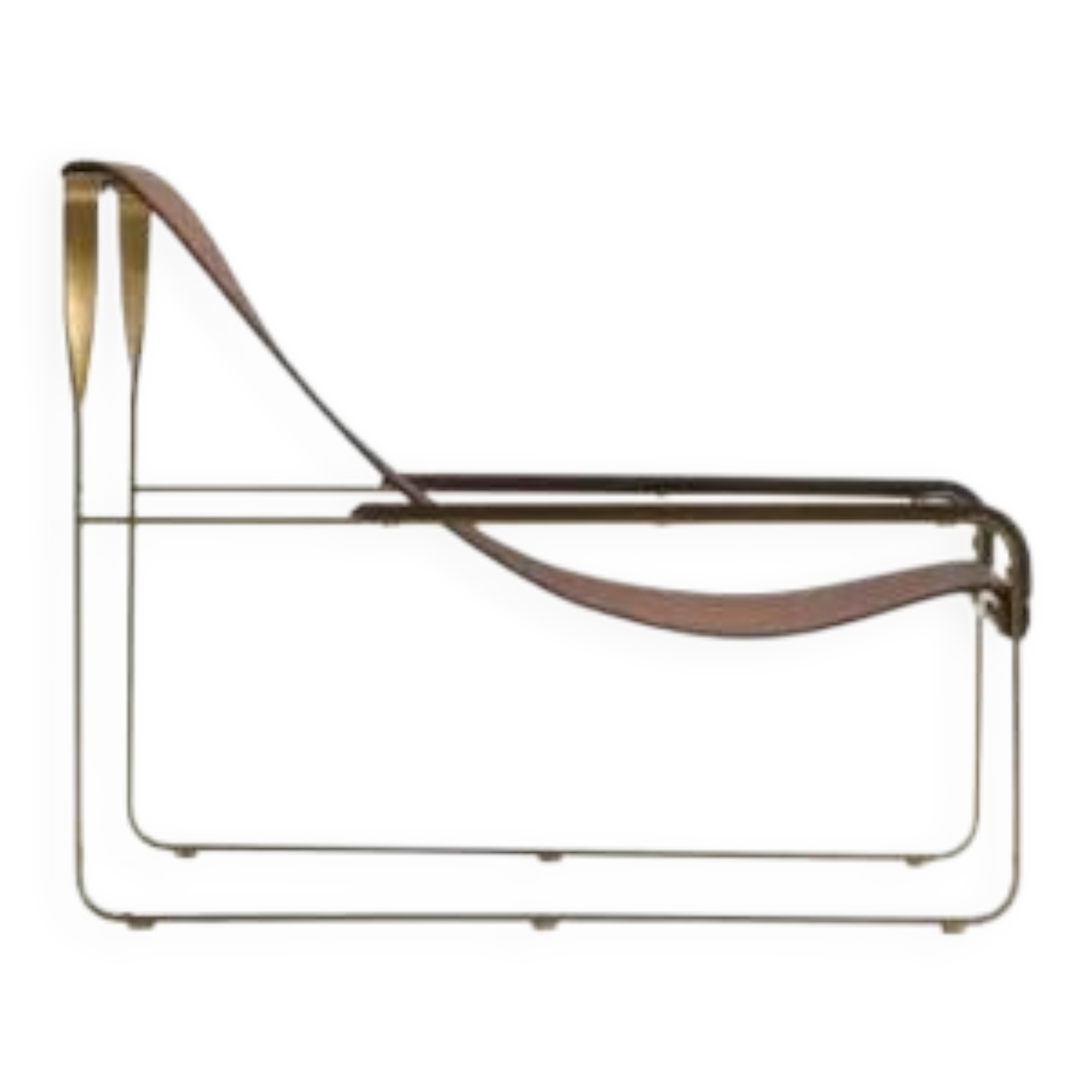 Fauteuil contemporain en acier doré vieilli et cuir marron