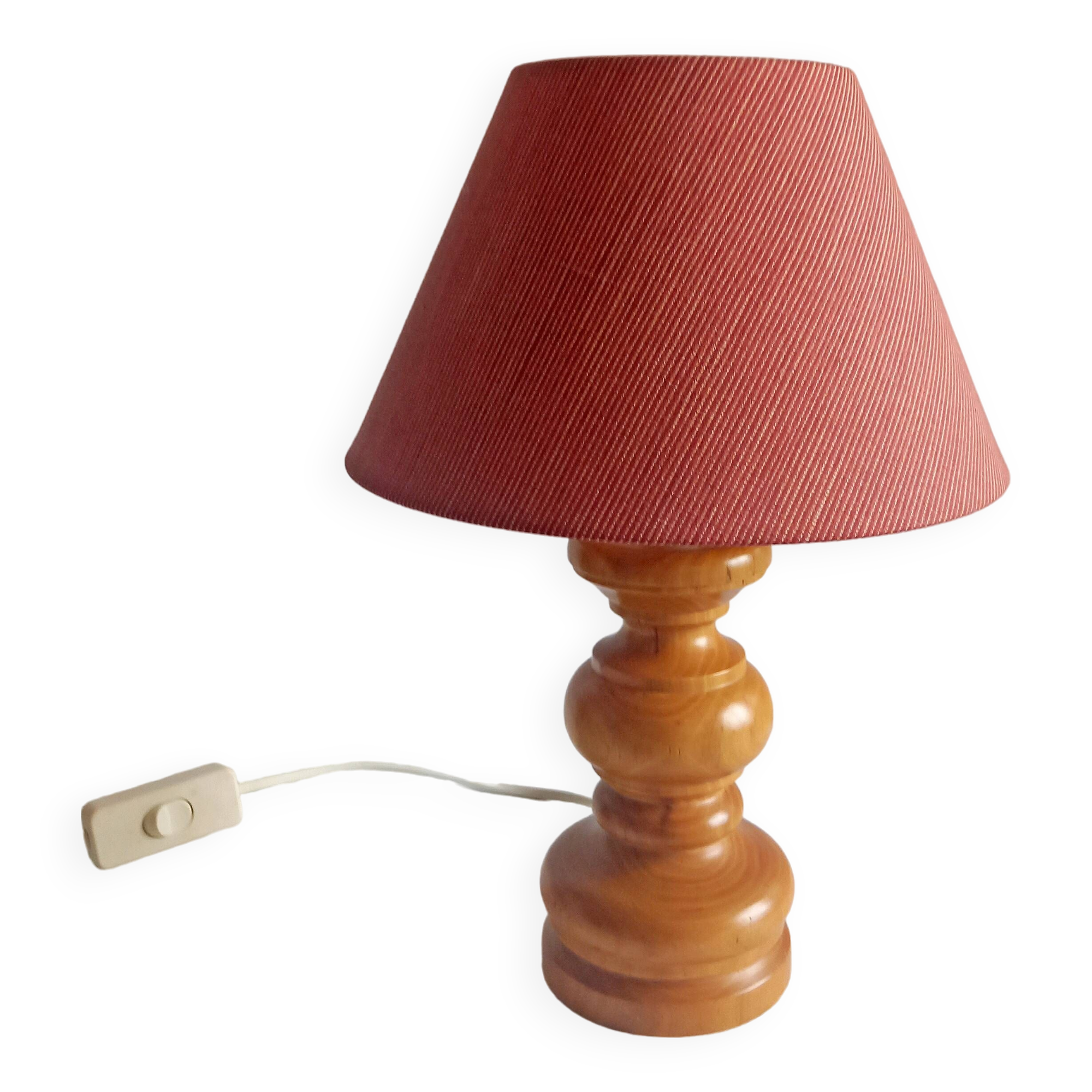 Old vintage lamp in turned wood 60s/70s fabric lampshade