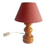 Old vintage lamp in turned wood 60s/70s fabric lampshade