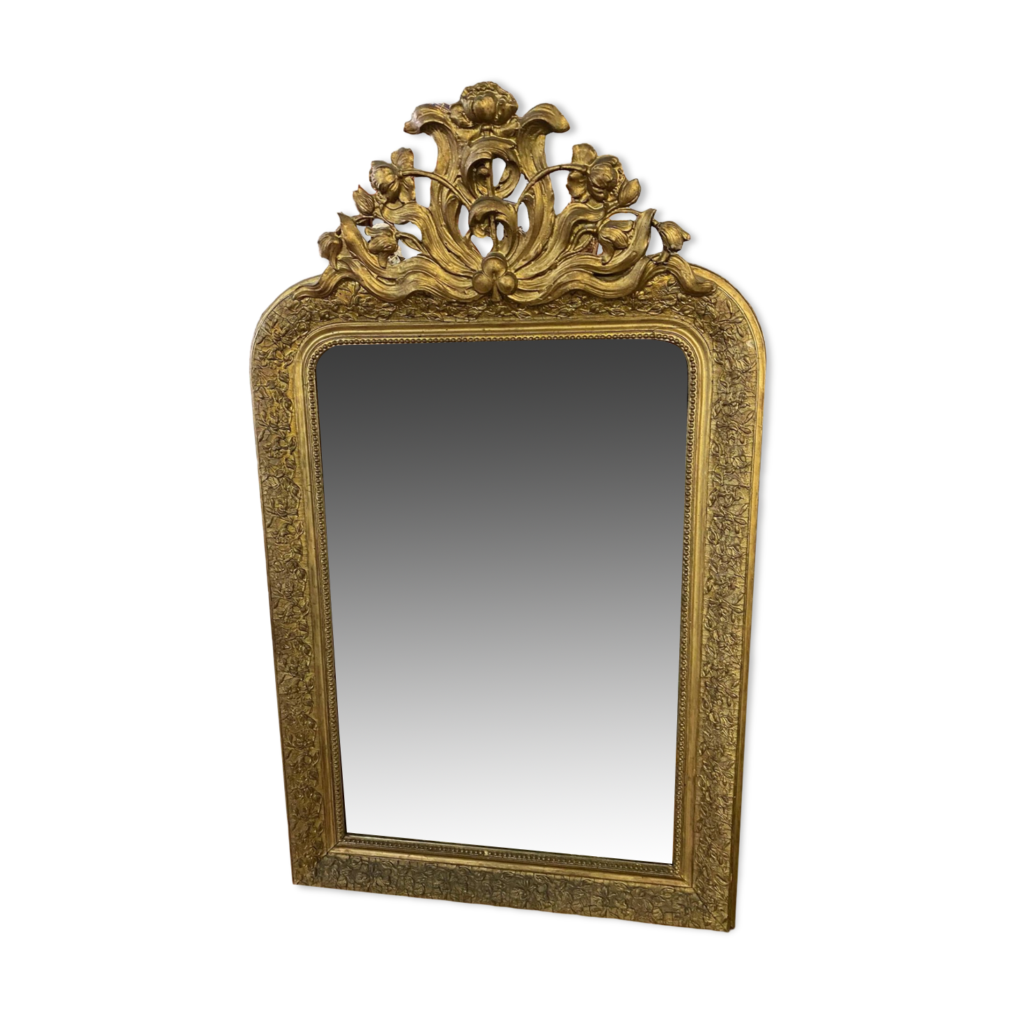 LARGE LOUIS XV STYLE ROCAILLE MIRROR IN GILT STUCCO FORAL DECOR ON PEDAL