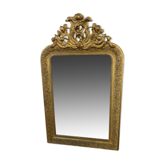 GRAND MIROIR STYLE LOUIS XV ROCAILLE EN STUC DORE DECOR FORAL SUR FRONTON