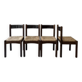 Lot of 4 modernist chairs in solid wood, leather and straw, Italy 1970.