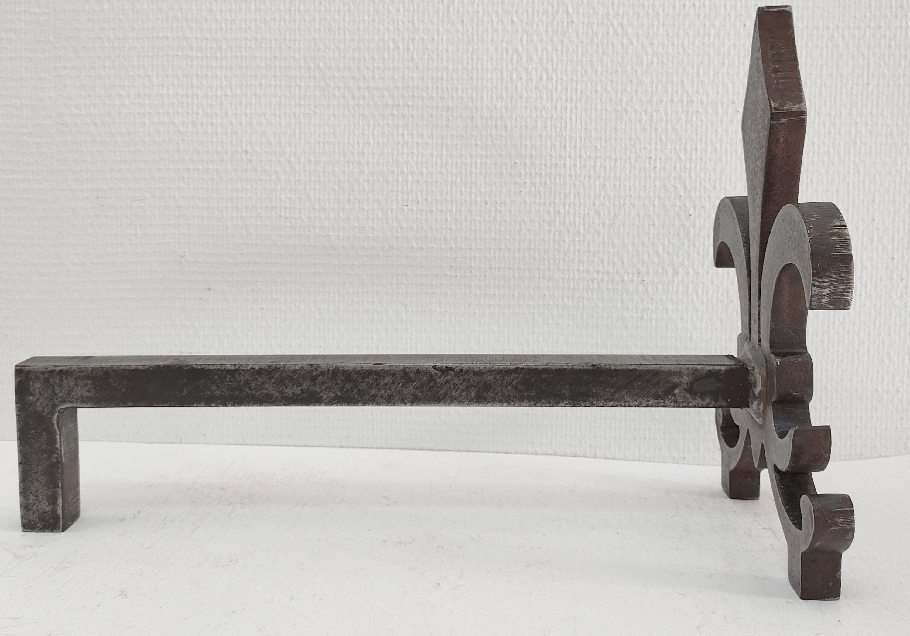 Pair of vintage steel fleur-de-lys andirons