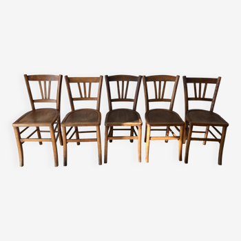 Set of 5 beech wood bistro chairs from the 1950s