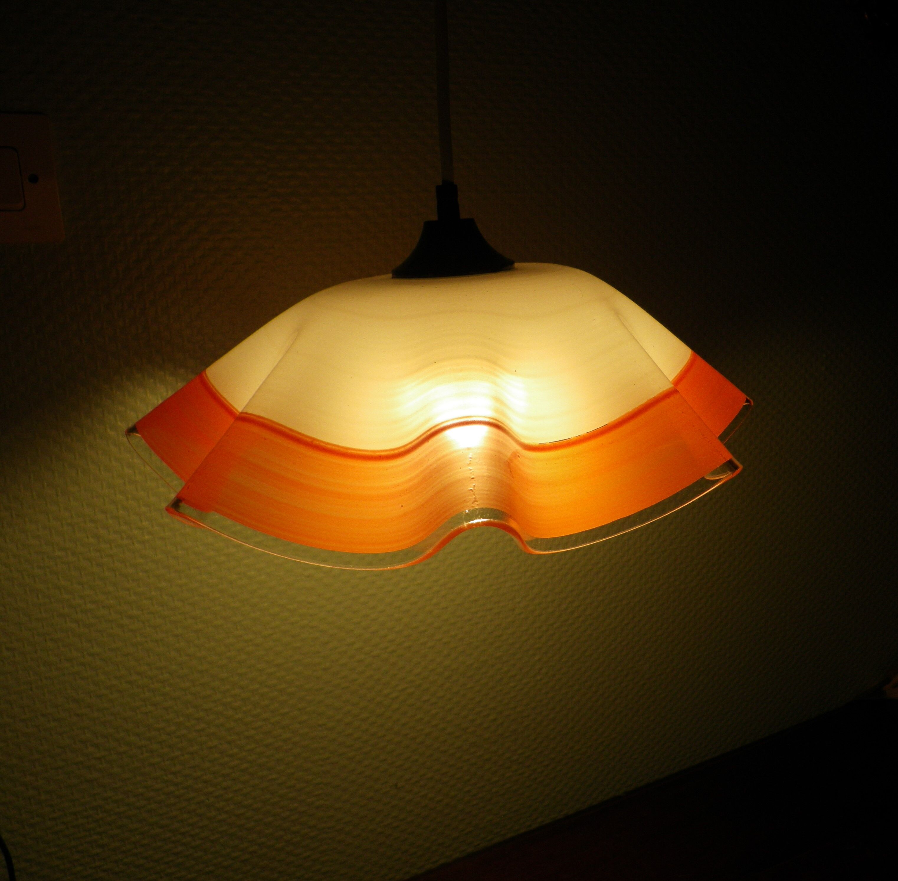 Berlingot pendant lamp from the 60s, white, orange and transparent glass