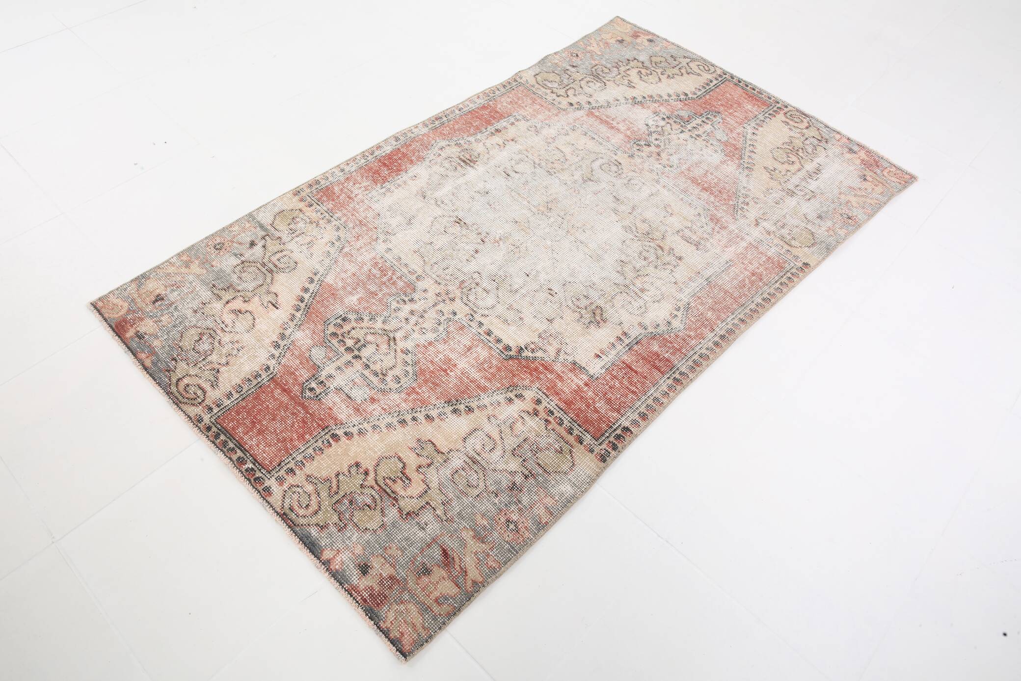 3x6 Rug For Laundry Room Red Beige Antique Vintage Rug, 110x193Cm SK 2797