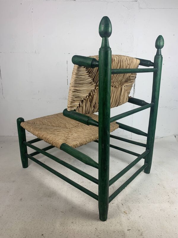 Fauteuil bas en paille de jonc français dans le style de Charles Dudouyt, années 1950