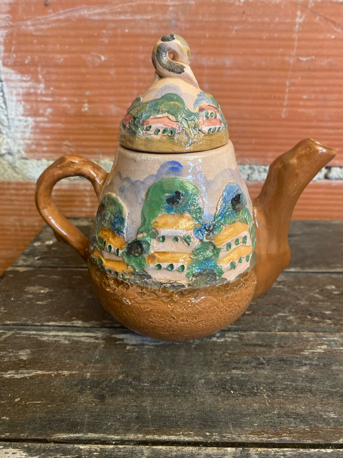 Teapot + 3 Antique Glazed Terracotta Cups Landscape Decor Vintage