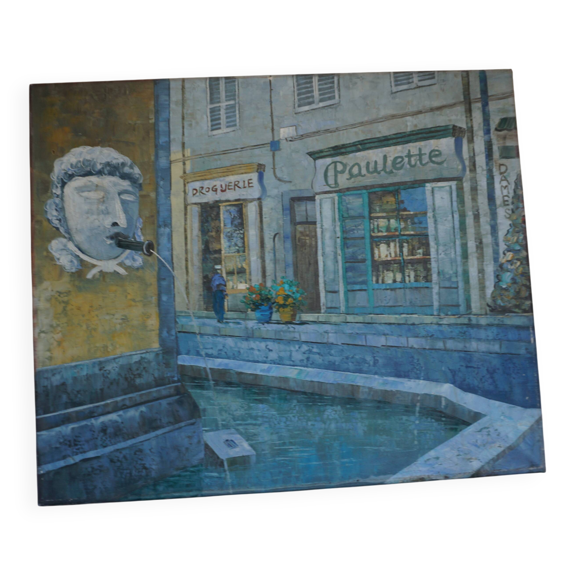 Oil on canvas street in the village of Cotignac (Provence)