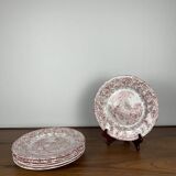 Set of 6 English flat plates, red tones