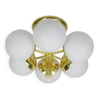 1 of 3 Superb Radial Sputnik Chandelier in Opaline Glass by Kaiser, Germany, 1960s