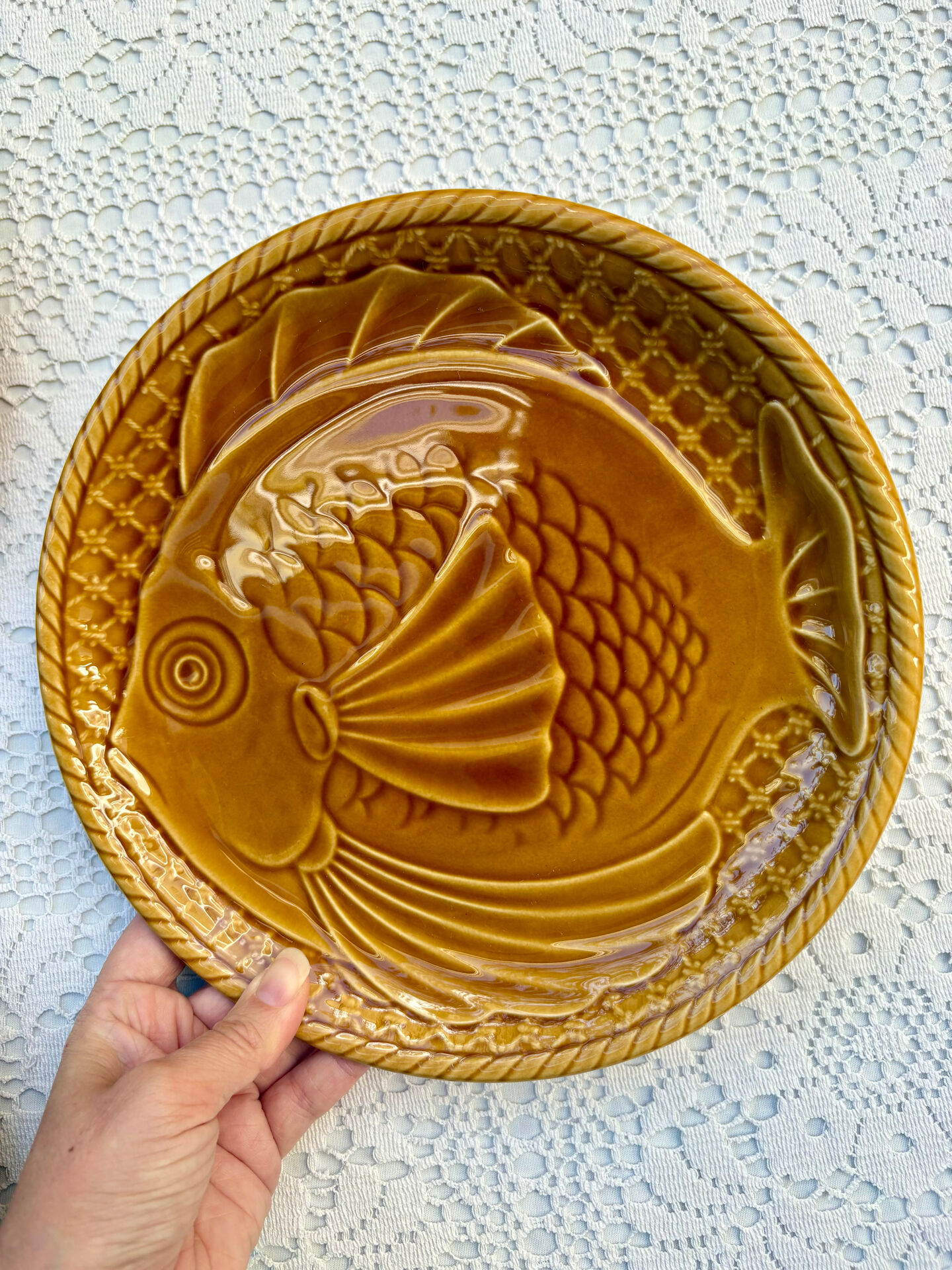 6 large barbotine plates gien fish
