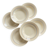 6 assiettes creuses vintage faïence ivoire – liserés bleu pâle et orange