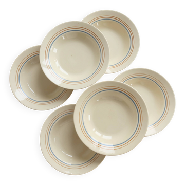 6 assiettes creuses vintage faïence ivoire – liserés bleu pâle et orange