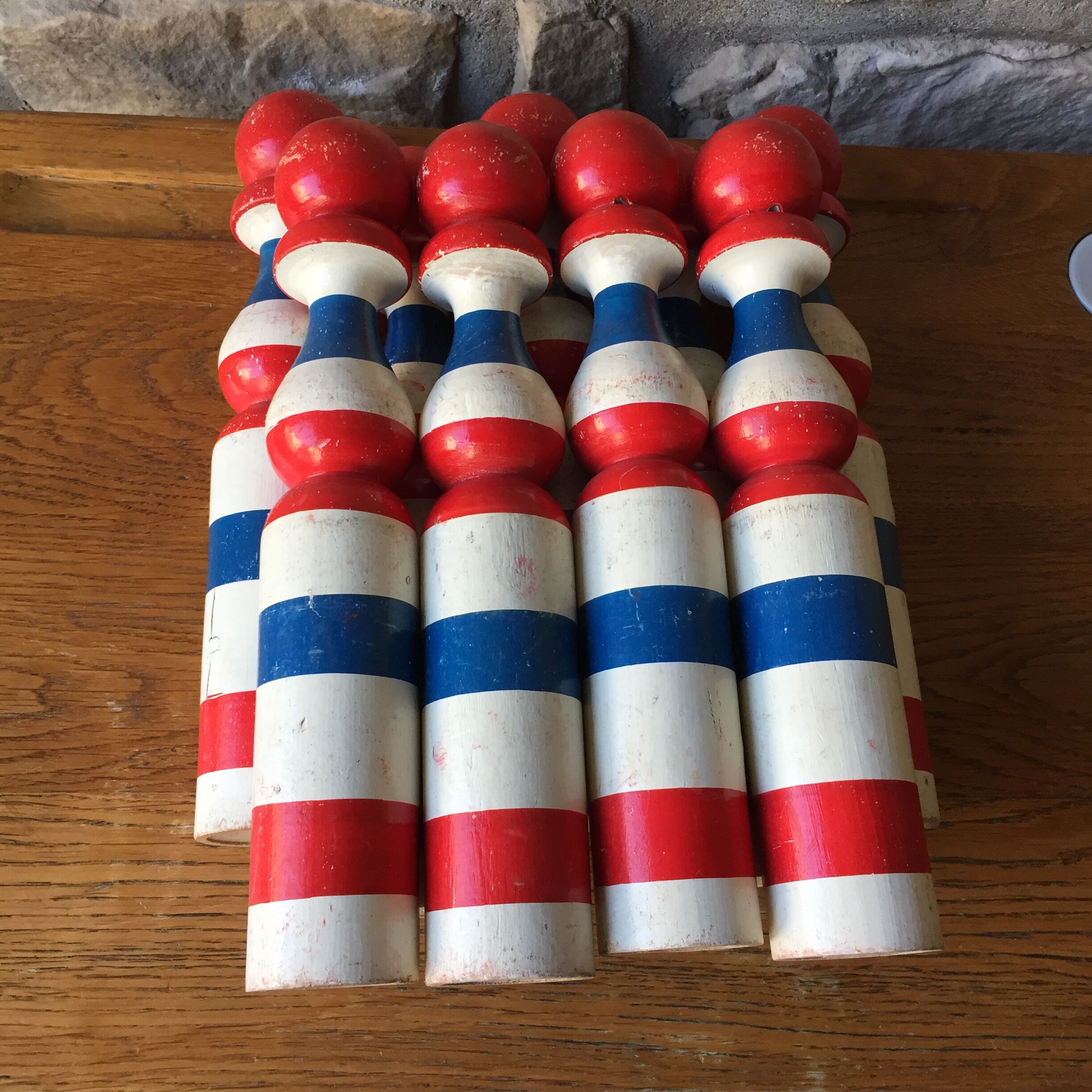 Old vintage wooden bowling game triclore plus two balls