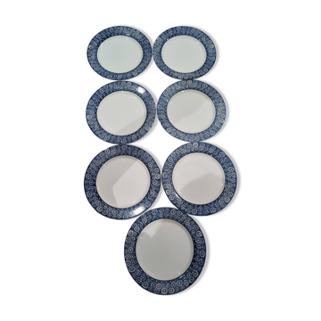 7 vintage flat plates in earthenware — Blue daisy decor