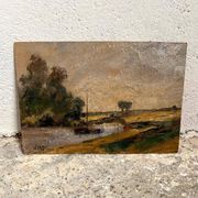 Peinture gabare sur rivière campagne française