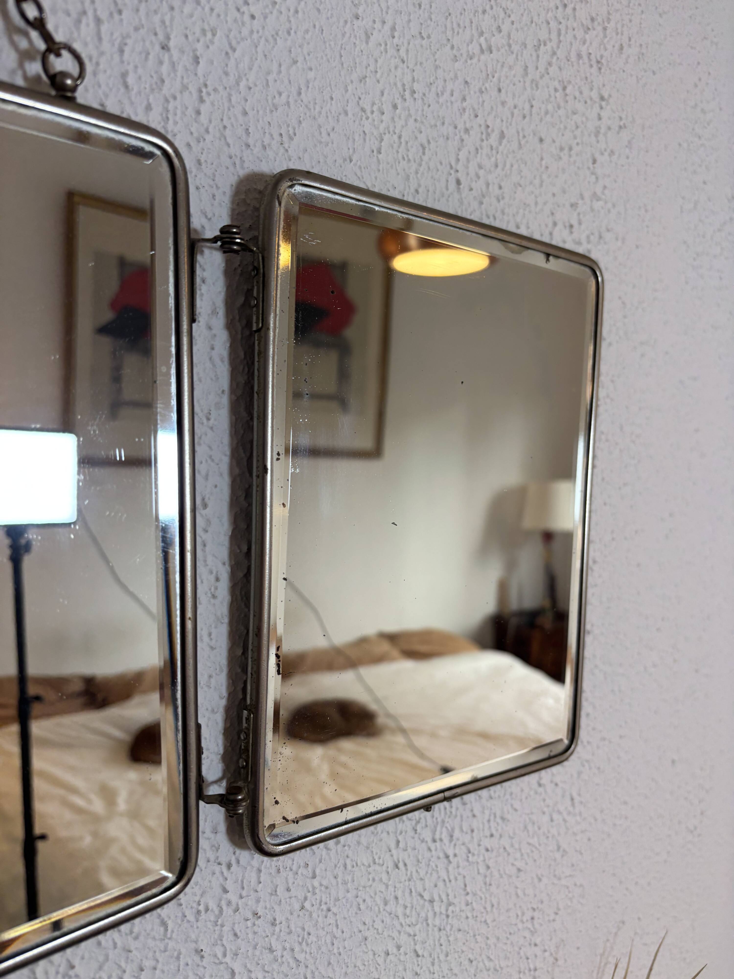 Vintage 1930s triptych barber mirror, beveled black crystal - 25 x 59 cm