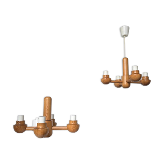 Pair of Ikea pine pendant lights from the 1980s.