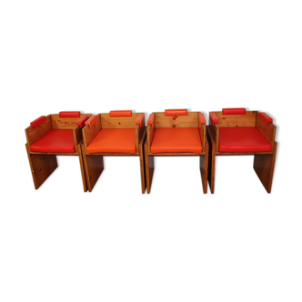 Série de 4 fauteuils vintage en pin 1960