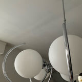 Art Deco chandelier with 6 lights in opaline glass and chrome metal.