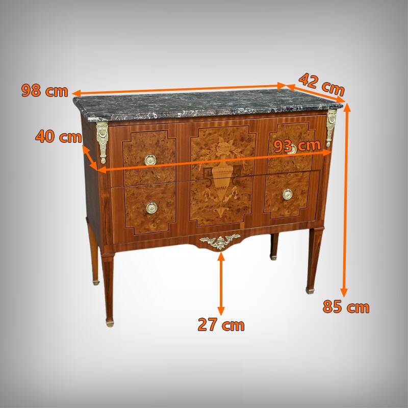 Commode sauteuse en marqueterie, style Louis XVI – milieu XXe