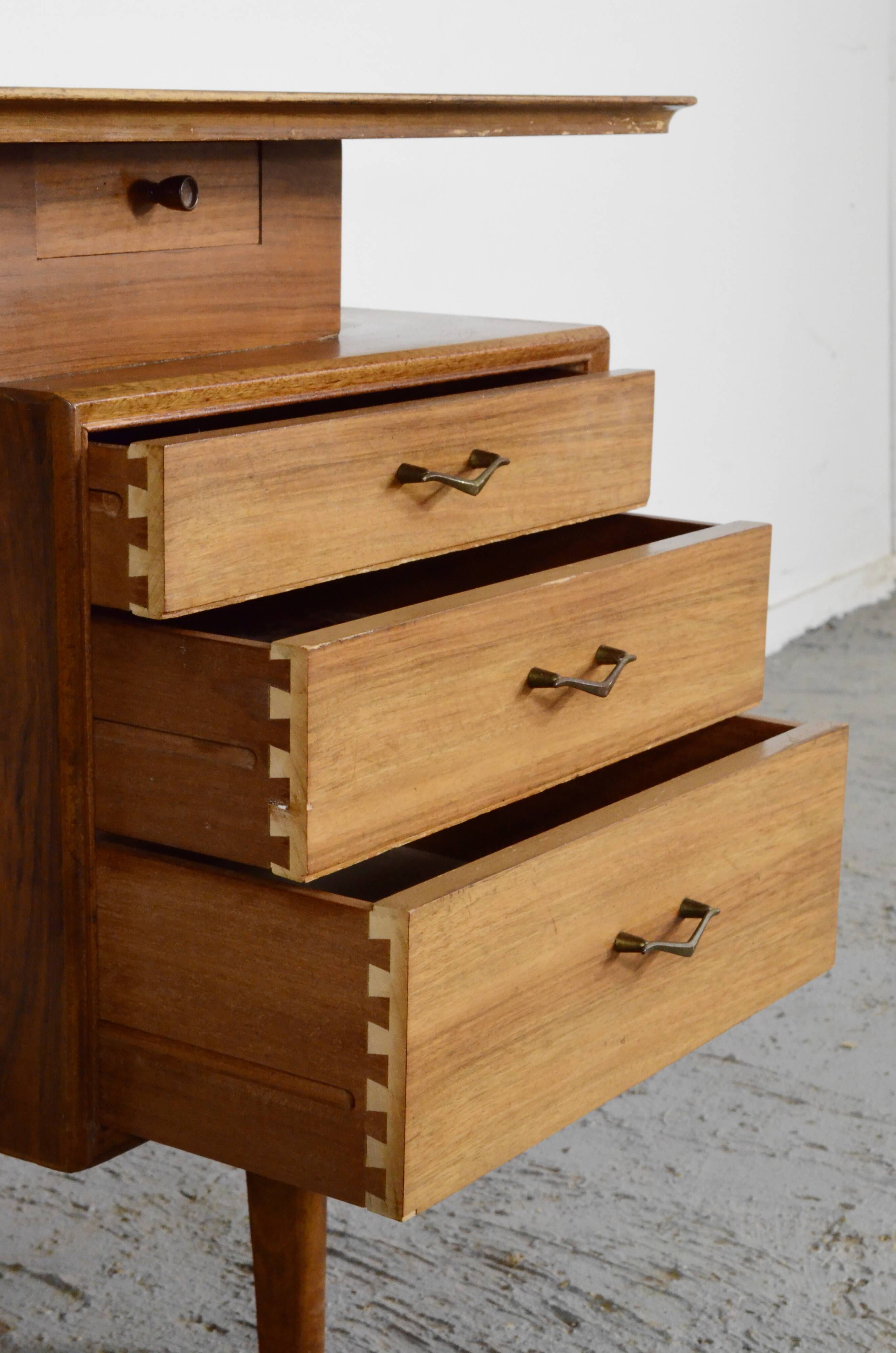 Midcentury Alfred Cox Desk In Walnut And Brass.