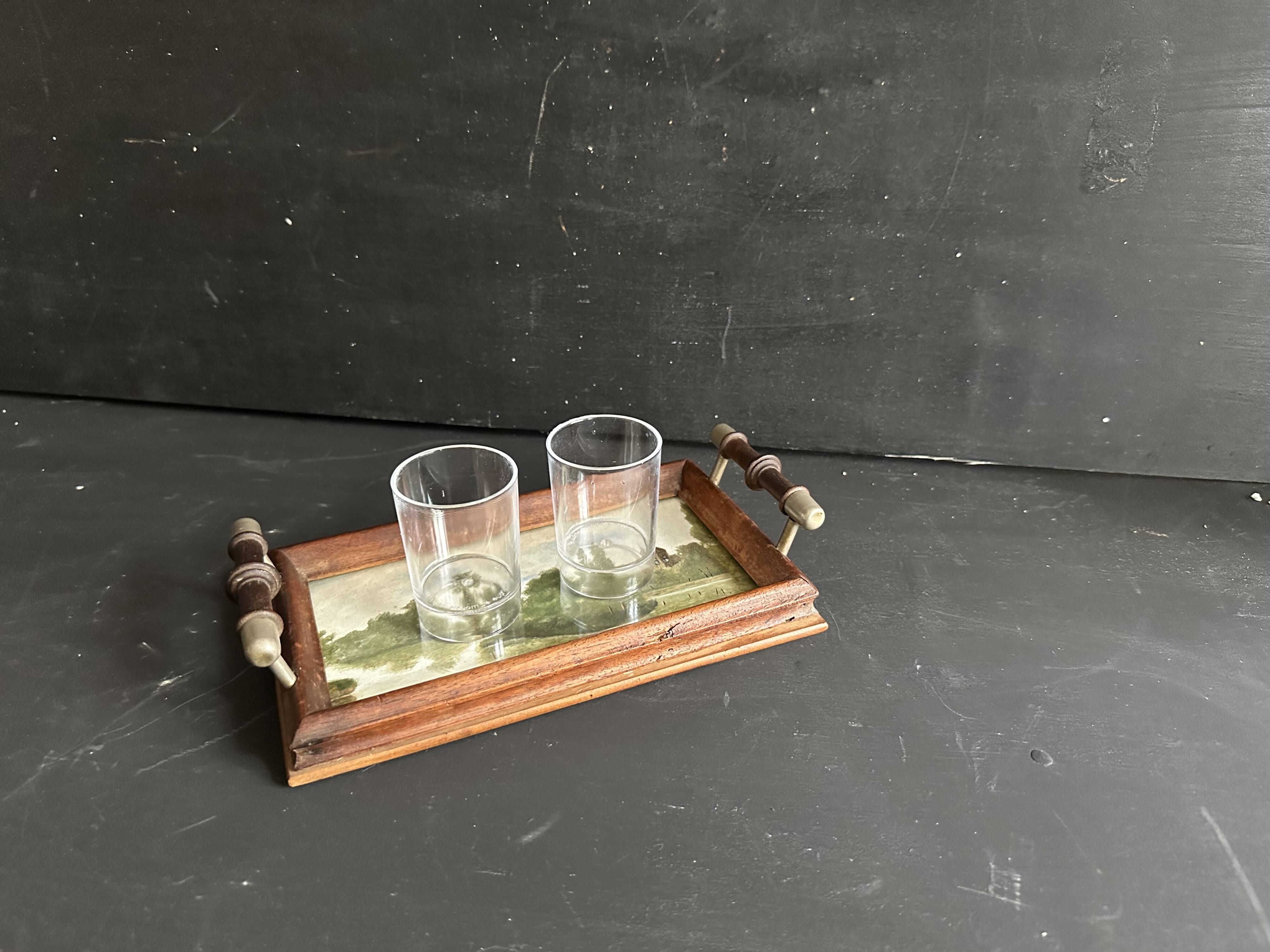 Antique miniature plateau, oil painting, turned wood and brass.