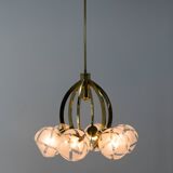 Lustre à 6 bras en laiton et verre, années 1980