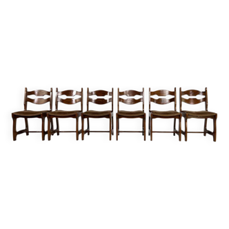 Set of 6 1950s oak and velvet chairs