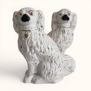 Pair of King Charles Spaniel dogs in Staffordshire majolica style.
