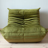 Armchair and pouffe Togo in green olive velvet model designed by Michel Ducaroy 1973