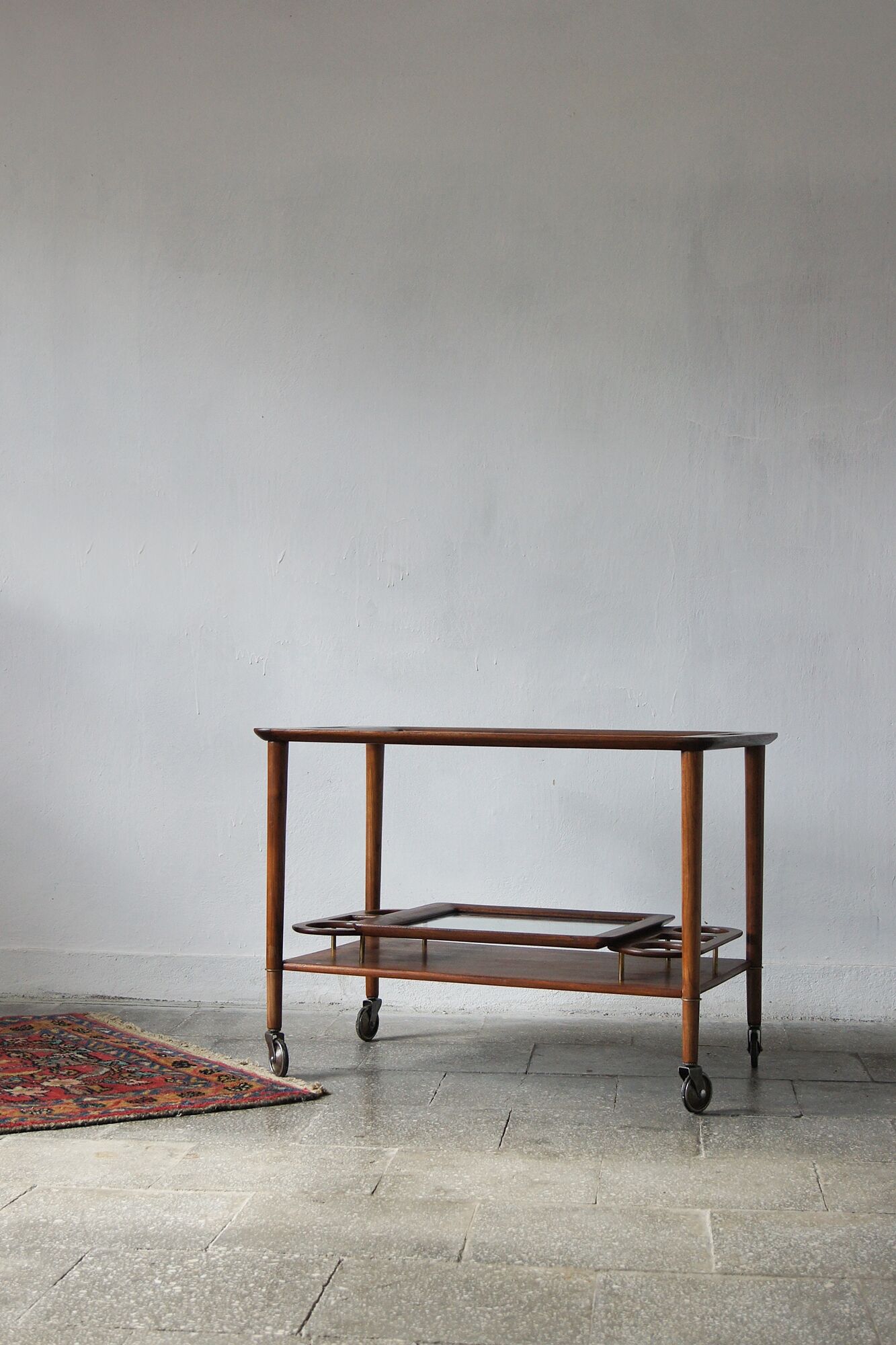Italian Modern Mahogany Bar Cart with Serving Tray