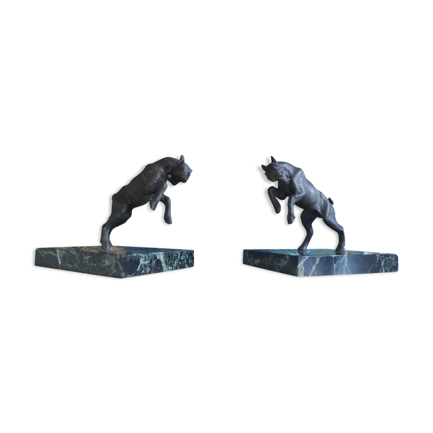 old ibex bookend, base in beautiful black marble veined green