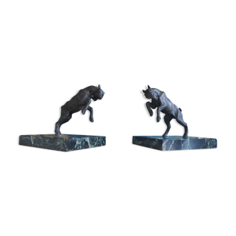 old ibex bookend, base in beautiful black marble veined green