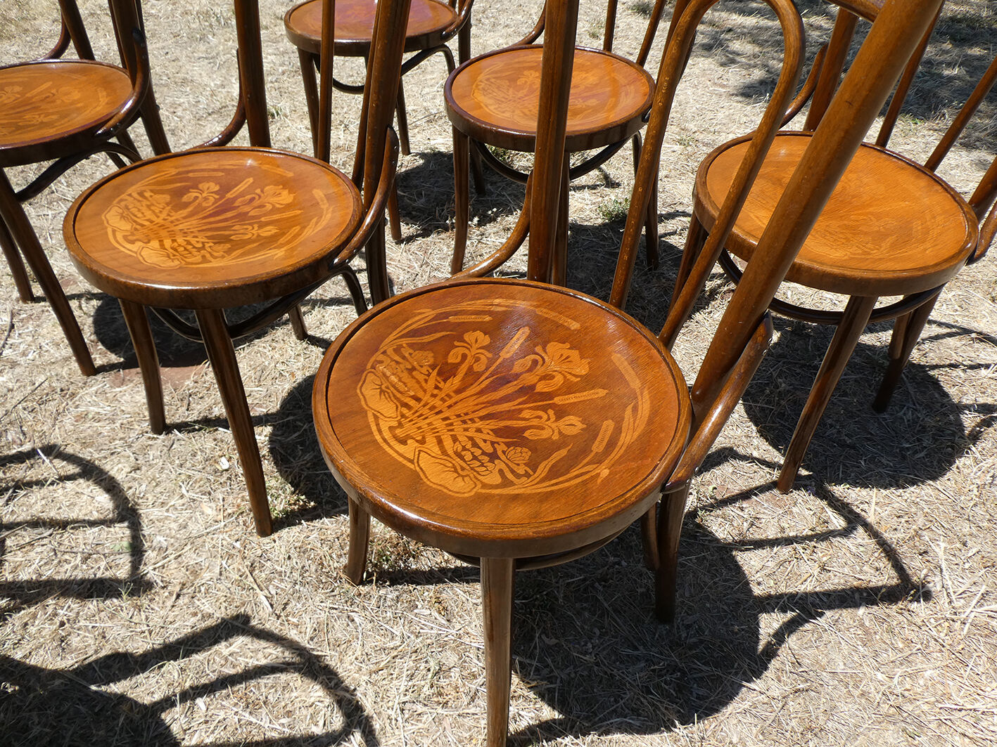 Lot of 8 Art Deco bistro chairs seated screen-printed