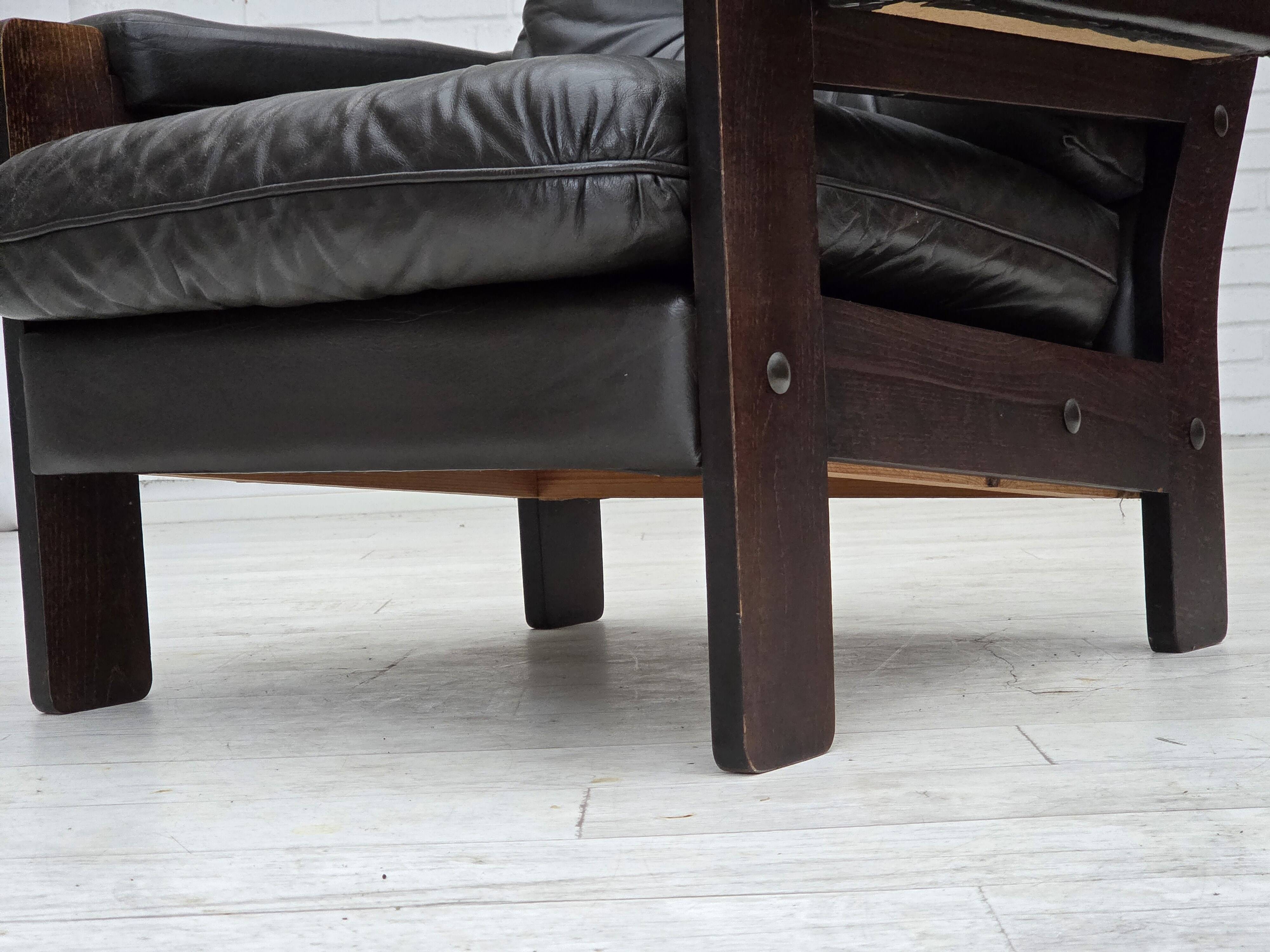 1970s, Danish armchair, brown furniture leather, oak wood.