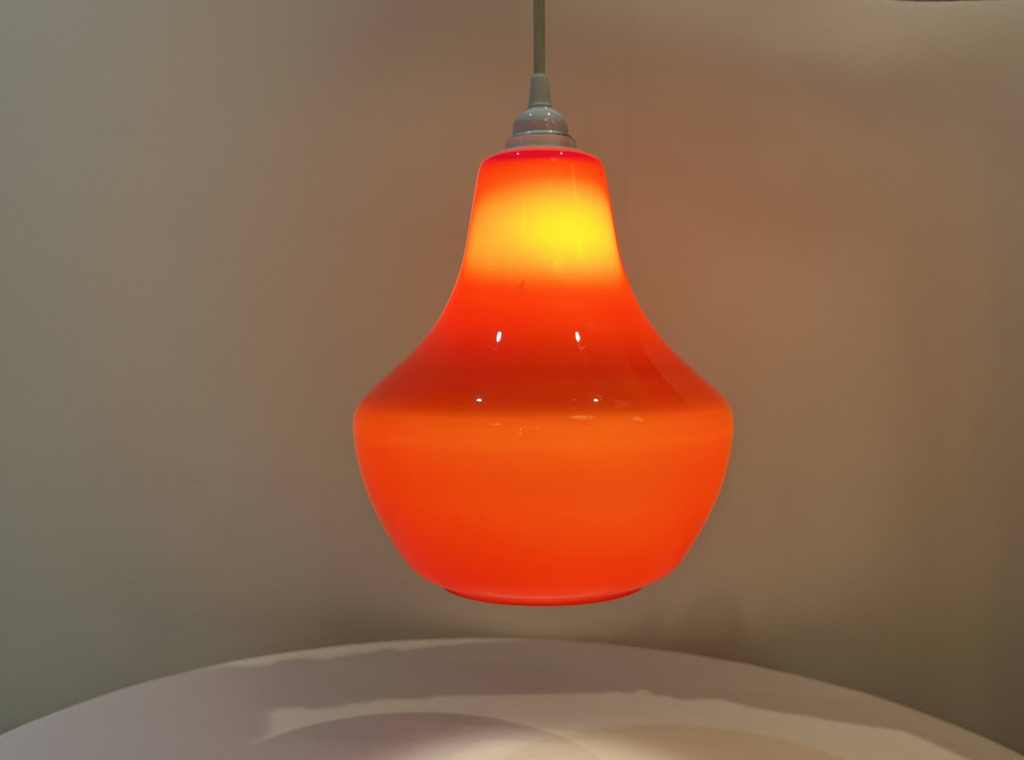 Red Opaline Glass Pendant Light 1970 Space Age Ceiling Lamp Free Form Orange
