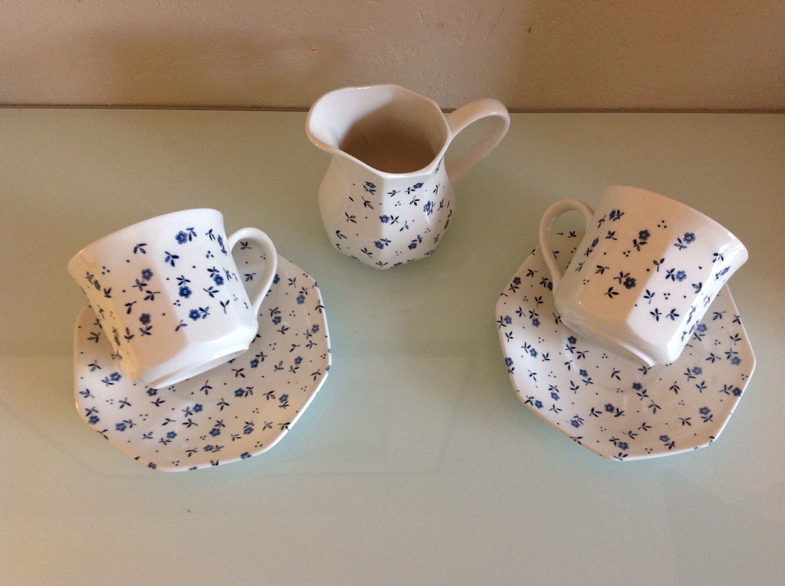 White ceramic tea set with blue flowers / vintage 70s