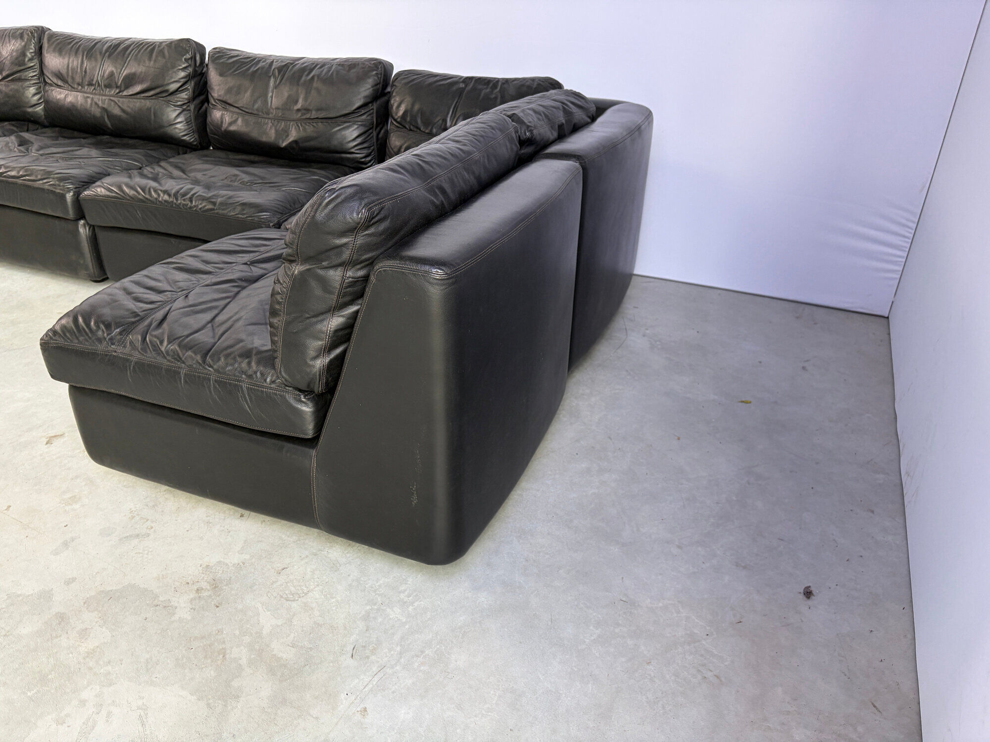 Vintage black leather modular sofa, 1970s